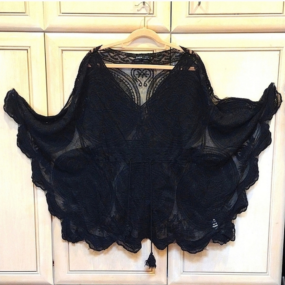 💥Black Stretchy Cotton Lace Batwing Top/ Swim Cover / Cover Up - Picture 16 of 16